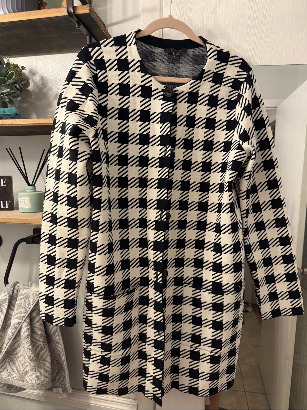 Ann Taylor Black and Cream Houndstooth Longline Cardigan
